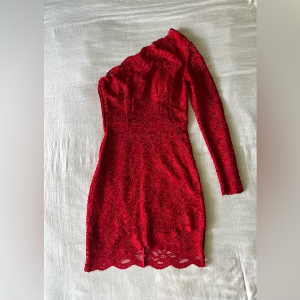 Red Lace One Sleeve Mini Dress